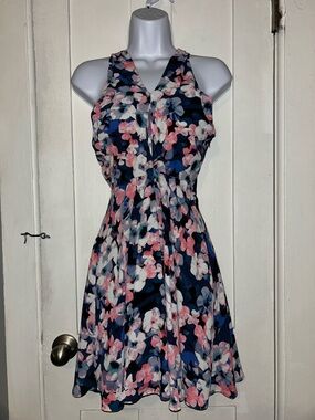 Express Navy Floral V-Neck Sleeveless Fit & Flare Dress